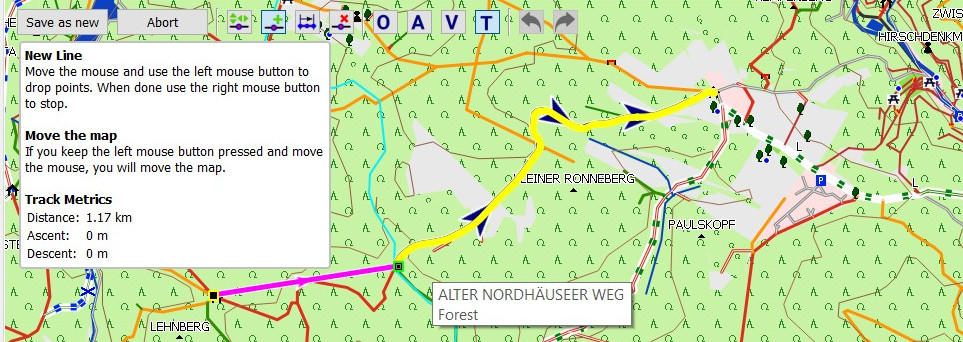 Map with track and new route