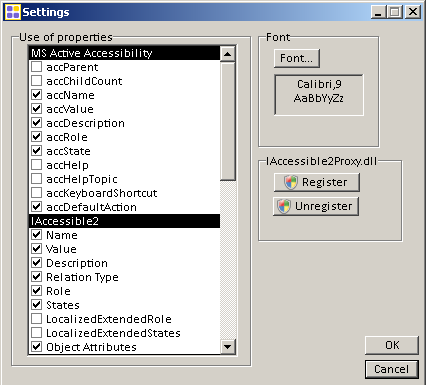 aViewer's settings, showing the various MSAA/IAccessible2/UIA properties that can be selectively displayed